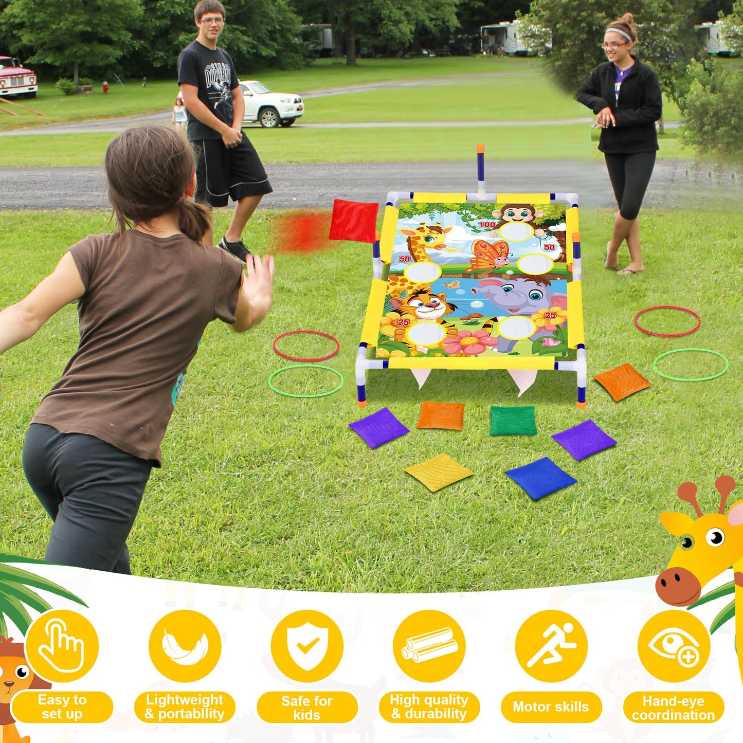 Leitee 2 in 1 Bean Bags Toss Game Animal Cornhole Bean Bags Ring Toss Game Kids Cornhole Games Set Party Carnival Games Toys Gifts Birthday Games Ideal Birthday for Ages 4-8 Toddlers
