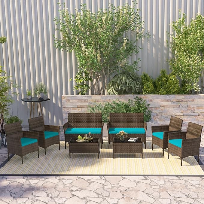 RELAX4LIFE 8-Piece Patio Furniture Set - Rattan Outdoor Conversation Bistro Set w/Cushions, Glass Coffee Table, Wicker Chairs & Loveseat for Garden Backyard Porch, Balcony Furniture Set (2, Turquoise)