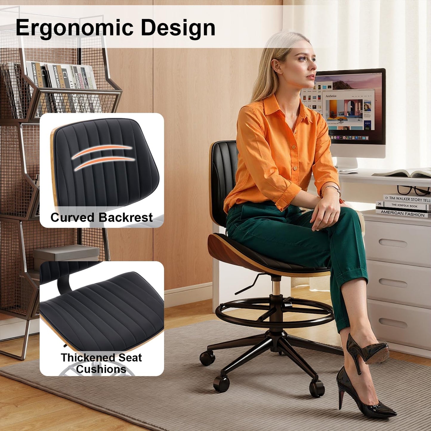 Rongbuk Drafting Chair, Ergonomic Office Chair with Walnut Wood Back Support, Armless PU Leather Desk Chair with Height-Adjustable, Thick Cushion for Home, Bar, Drafting, Office (Black)