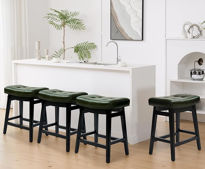 RNKSFX Counter Height Bar Stools Set of 4 for Kitchen Counter Farmhouse Modern Barstools with Faux Leather Upholstered Backless Seat and Solid Wood Legs 24 inch Bar Chairs, Green + Black