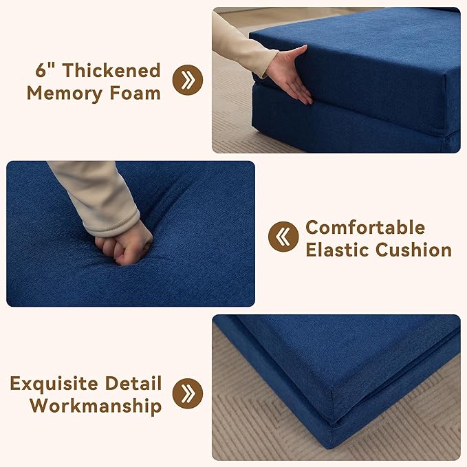 WUTUTUEE Folding Sofa Bed Convertible Floor Couch Foldable Chair Bed with Pillow，Linen Sleeper Chair Futon,Foldable Memory Foam Mattress for Bedroom/Living Room/Dorm/Office (Navy, Single)