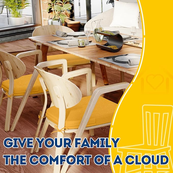 AAAAAcessories D-Shaped Chair Cushions, 2" Thick Dining Chair Pads with Ties and Removable, Machine-Washable Cover, 17" x 16", Golden Yellow
