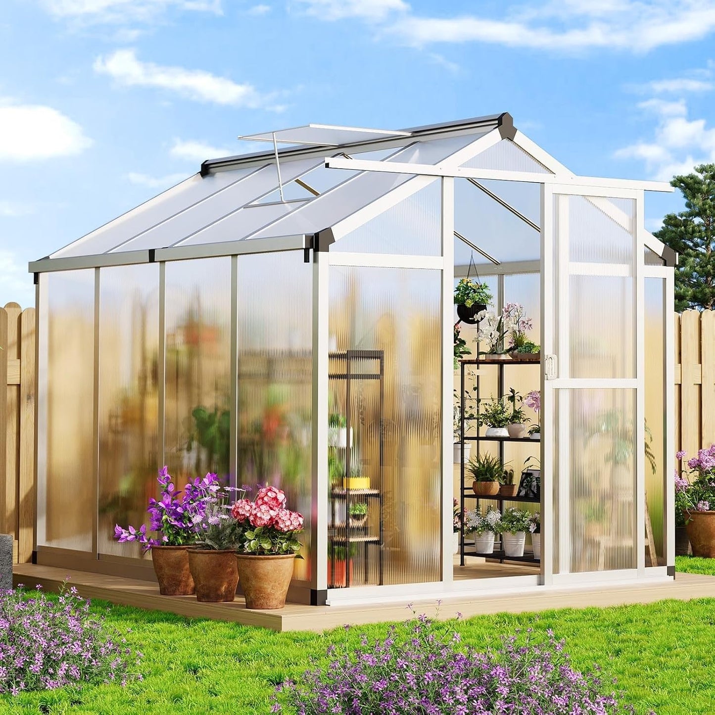GAOMON 6 x 8 ft Greenhouse, Greenhouses for Outside, Polycarbonate Greenhouse with Aluminum Frame, Lockable Door, Adjustable Roof Vent, and Patio Garden Backyard Use, Silver