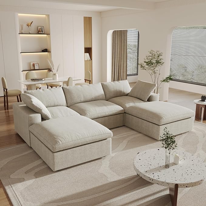 120" Cloud Modular Sectional Sofa with Storage Ottoman,Down Filled Comfort U Shaped Sofa Couch for Living Room,Minimalist Wide Deep Seat 5 Seater Convertible Couches for Office Apartment,Khaki