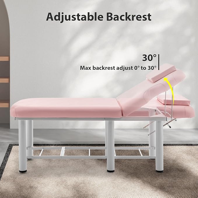 Professioanl Massage Table w/Adjustable Backrest for Treatment Table Spa Facial Bed Barber Beauty Equipment, Metal Frame PU Leather, Removable Headrest Salon Bed, Pink