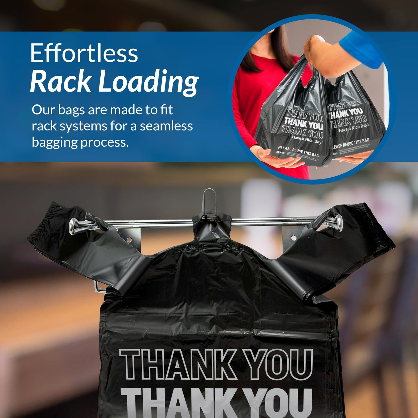 Reli. Thank You Plastic Bags | 100 Pack | (11.5" x 6.5" x 21"), Black | Plastic Bags with Handles | Ideal for Grocery, Shopping, Food Take Out, Restaurants, Small Business