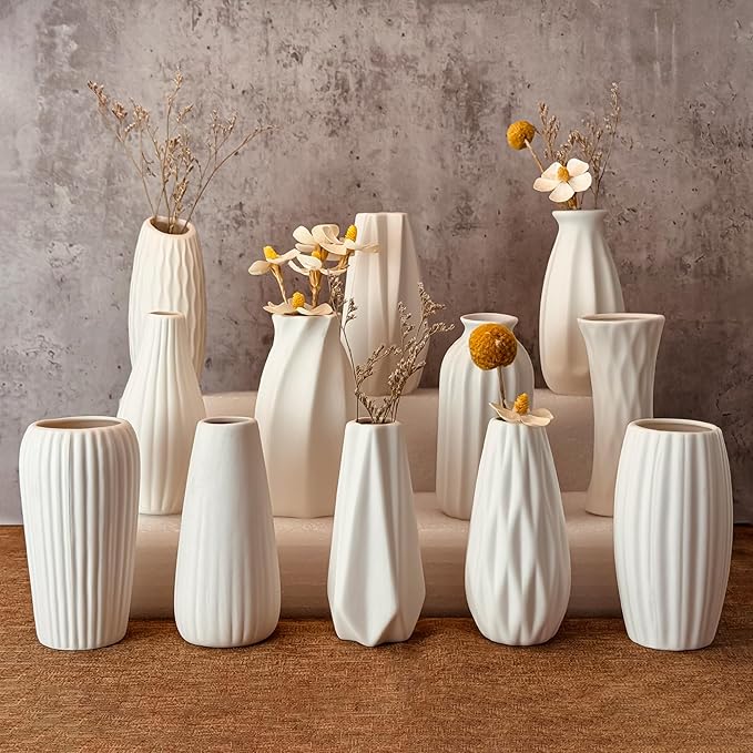 White Vase Set of 12, Small White Bulk Bud Vases for Pampas Grass for Wedding Table Centerpieces Decoration, Modern Boho f...