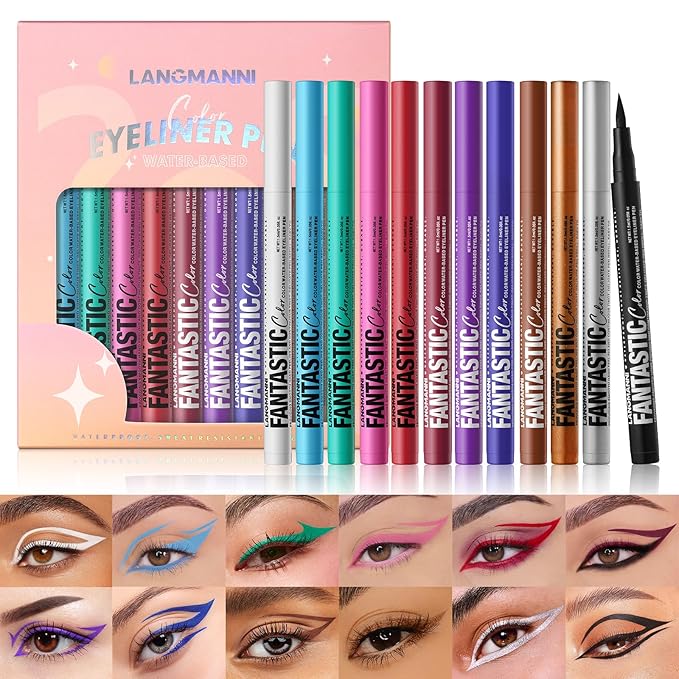 LANGMANNI 12 Colors Matte Liquid Eyeliner Set, Neon Colorful Pigmented With Long-lasting, Smudgeproof & Waterproof Eye Lin...