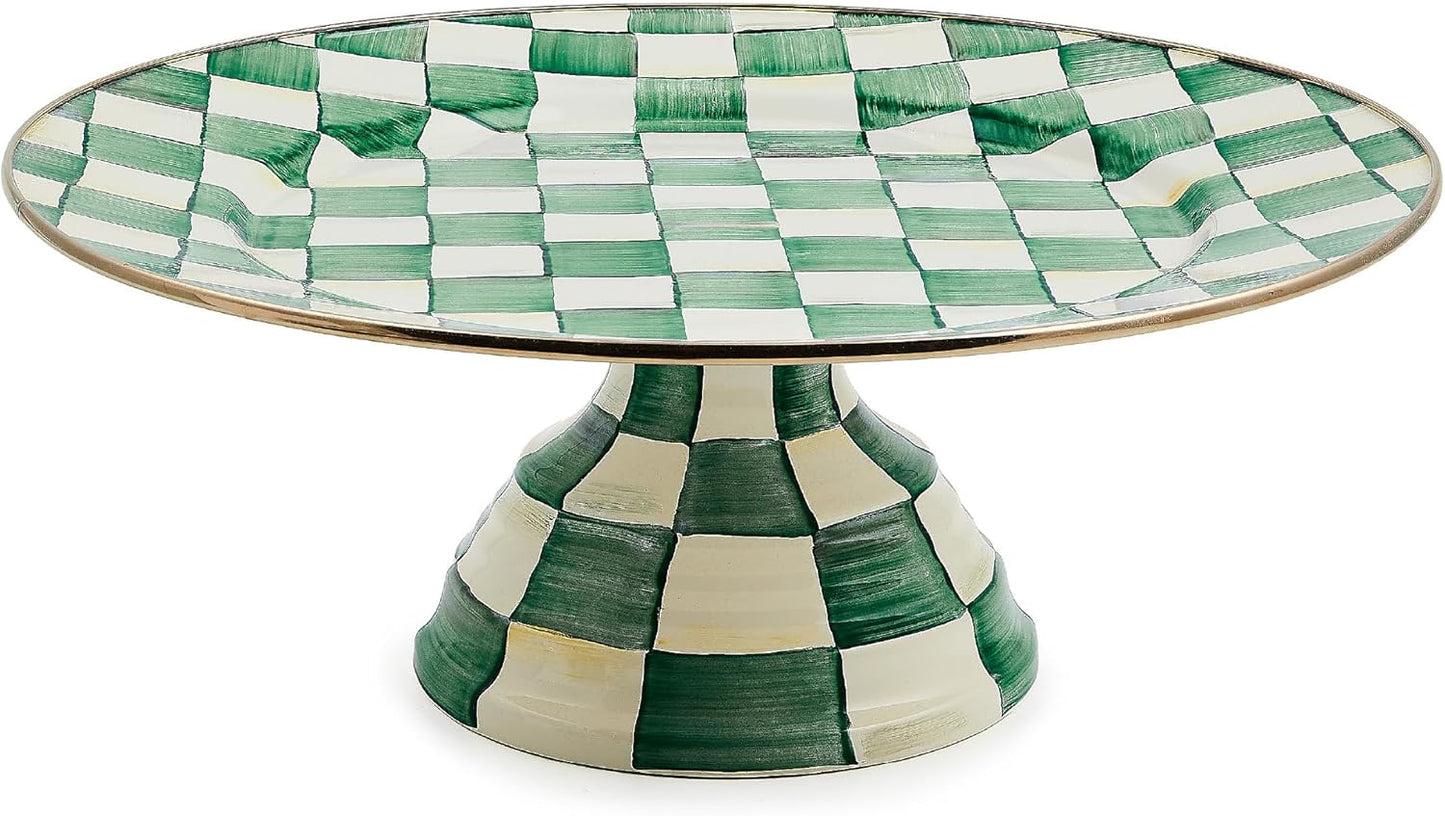 MACKENZIE-CHILDS Enamel Pedestal Platter, Round Cake Stand, Large, Green-and-White Emerald Check