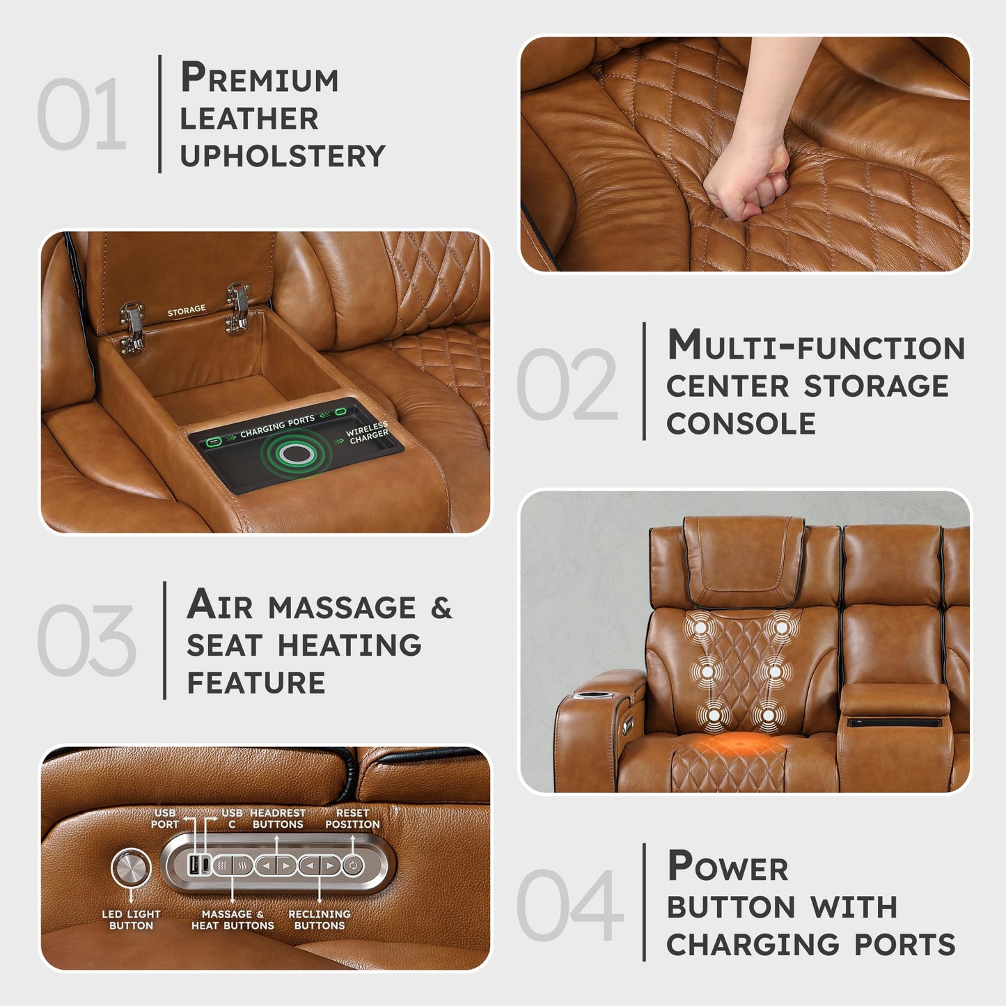 Lexicon Power Double Reclining Loveseat, Center Console/Heat/Massage/Headrest/Storage Arms/Cup Holders/LED Lights/Wireless Charging, Top Grain Leather Match Wall Hugger Recliner Loveseat, Brown