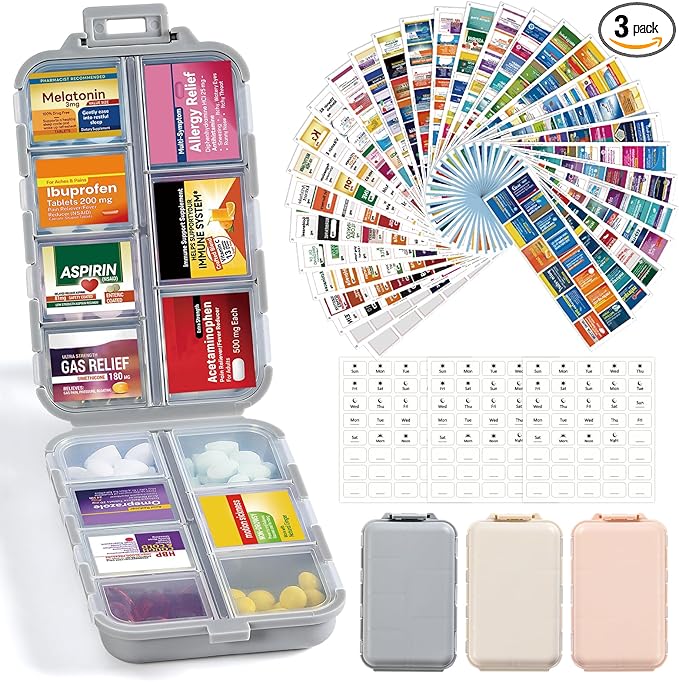 3 Pack 14 Grids Travel Pill Organizer Box with 415-Pcs Medicine Name Labels - Pocket Daily Pharmacy Case Container Kit - T...