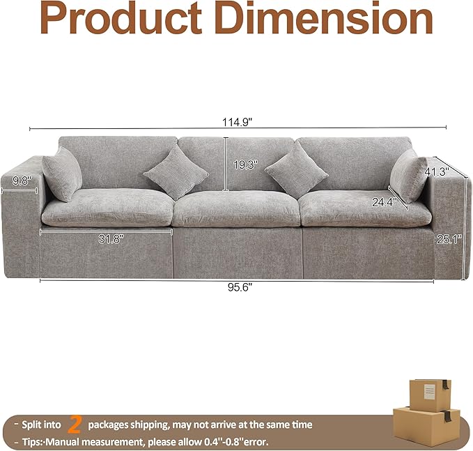 115''Cloud Boneless Sectional Couch, Modular Sectional Sofa Deep Seat, Oversized Upholstered Convertible Comfy 3 Seater Chenille Memory Foam Sofa Couches for Living Room, Light Grey