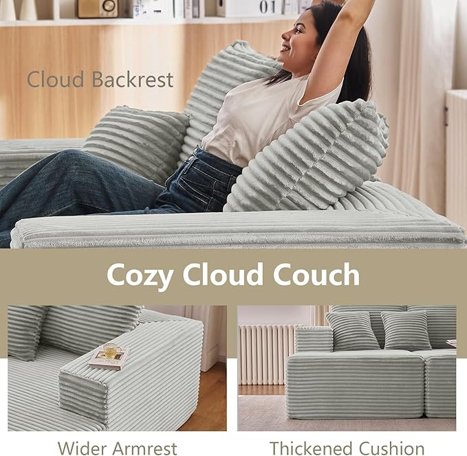 140" Sectional Cloud Couch for Living Room, Modular Floor Deep-Seat Sofa, Big Comfy Corduroy Couches Set with Fluffy Memory Foam, Stupendous L Shaped Sofas, No Assembly Required, Grey