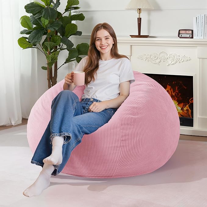 Homguava 3.5FT Bean Bag Chair: Teardrop Bean Bags with Memory Foam Filled, Compact Beanbag Chairs Soft Sofa with Corduroy Cover (Light Pink)