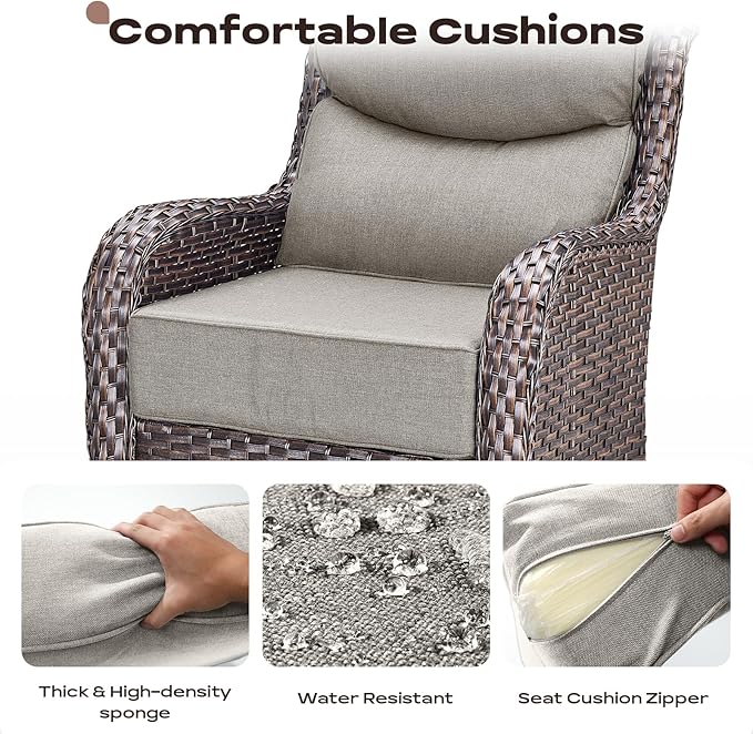 Rilyson Wicker Outdoor Patio Furniture Set - 5 Piece Patio Conversation Sets with Swivel Rocker Chairs, Ottomans and Side Table, 6 inch Cushions, Waterproof Wicker, for Porch Deck Brown/Beige