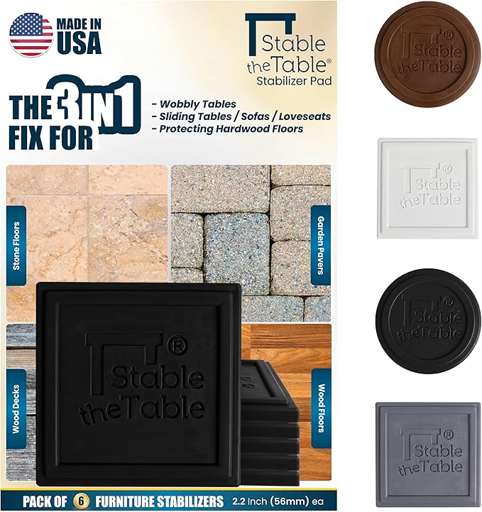 Stable the Table-6 Pack-Black Square, Furniture Leveler & Riser, Anti-Slip Sofa Gripper for Hardwood Floors, Floor Protector, Stacking Furniture Pad, Bed, Desk, Couch & Table Stabilizer, Made in USA