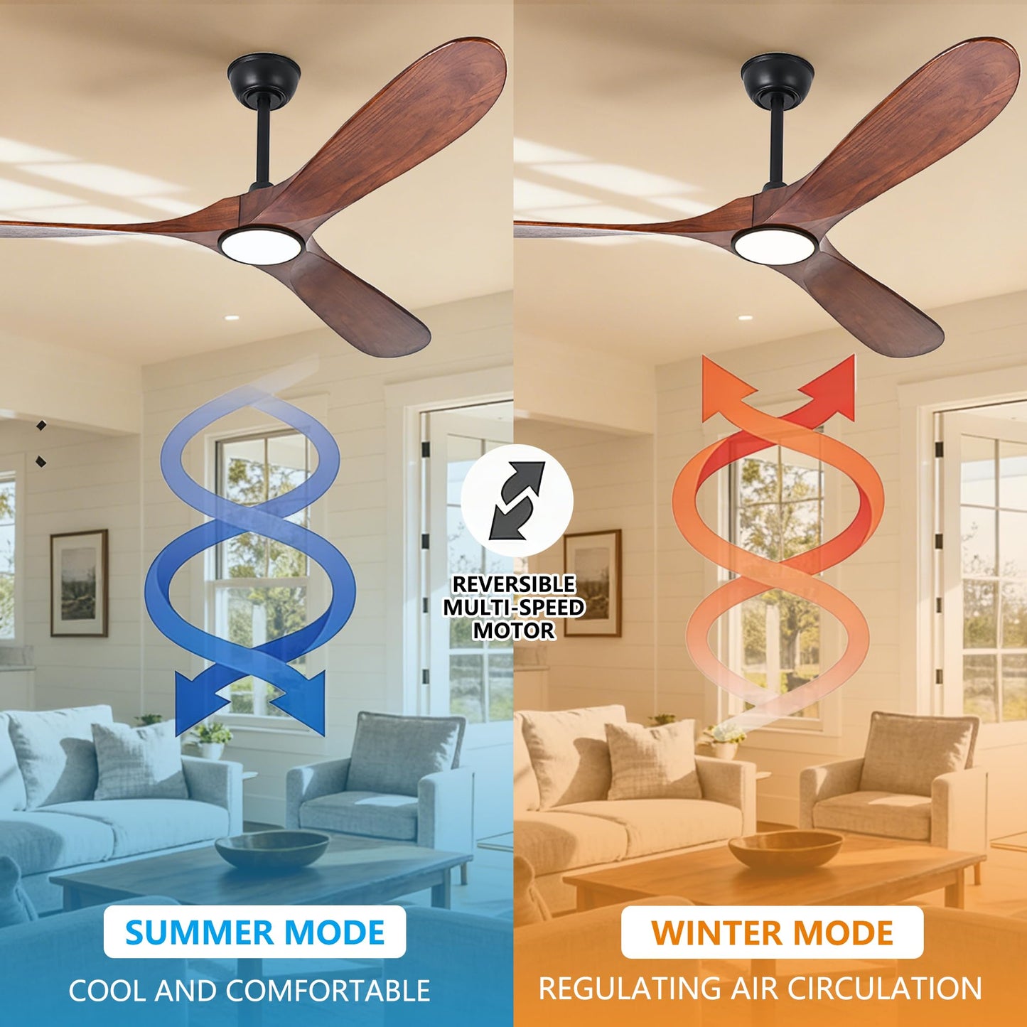 Zronon 52 Inch Ceiling Fans with Lights and Remote, Modern Wood Outdoor Ceiling Fan with Light, 3 Blade Propeller Indoor Ceiling Fan for Farmhouse Patios Living Room Bedroom Gazebo (Walnut)