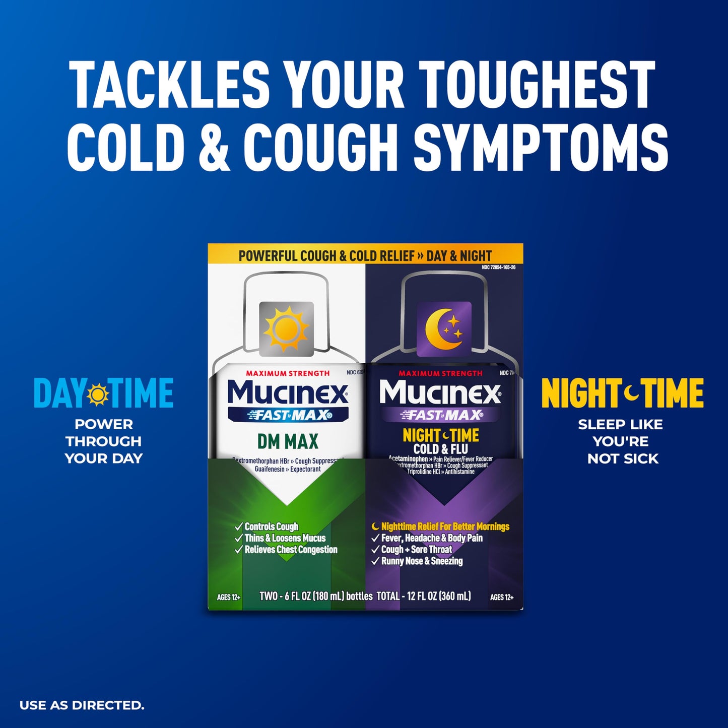 Maximum Strength Mucinex FastMax DM Max & Mucinex Nightshift Cold & Flu Liquid (2 x 6 fl. oz.) Thins & Loosens Mucus, Relieves Cough & Chest Congestion, Pain, Fever, Sneezing, Sore Throat, Runny Nose