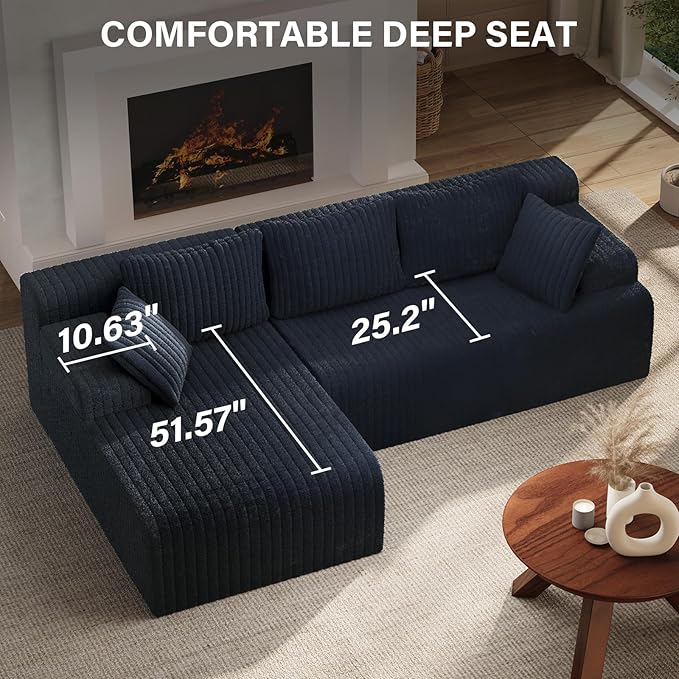 LAUSAINT HOME 96" Modular Sectional Sofa Couches, L-Shaped Boneless Cloud Sofa with 3 Deep Seat, 5 Cushiones Oversized Chaise for Living Room, Bedroom, Plush Corduroy Fabric (Left, Navy Blue)