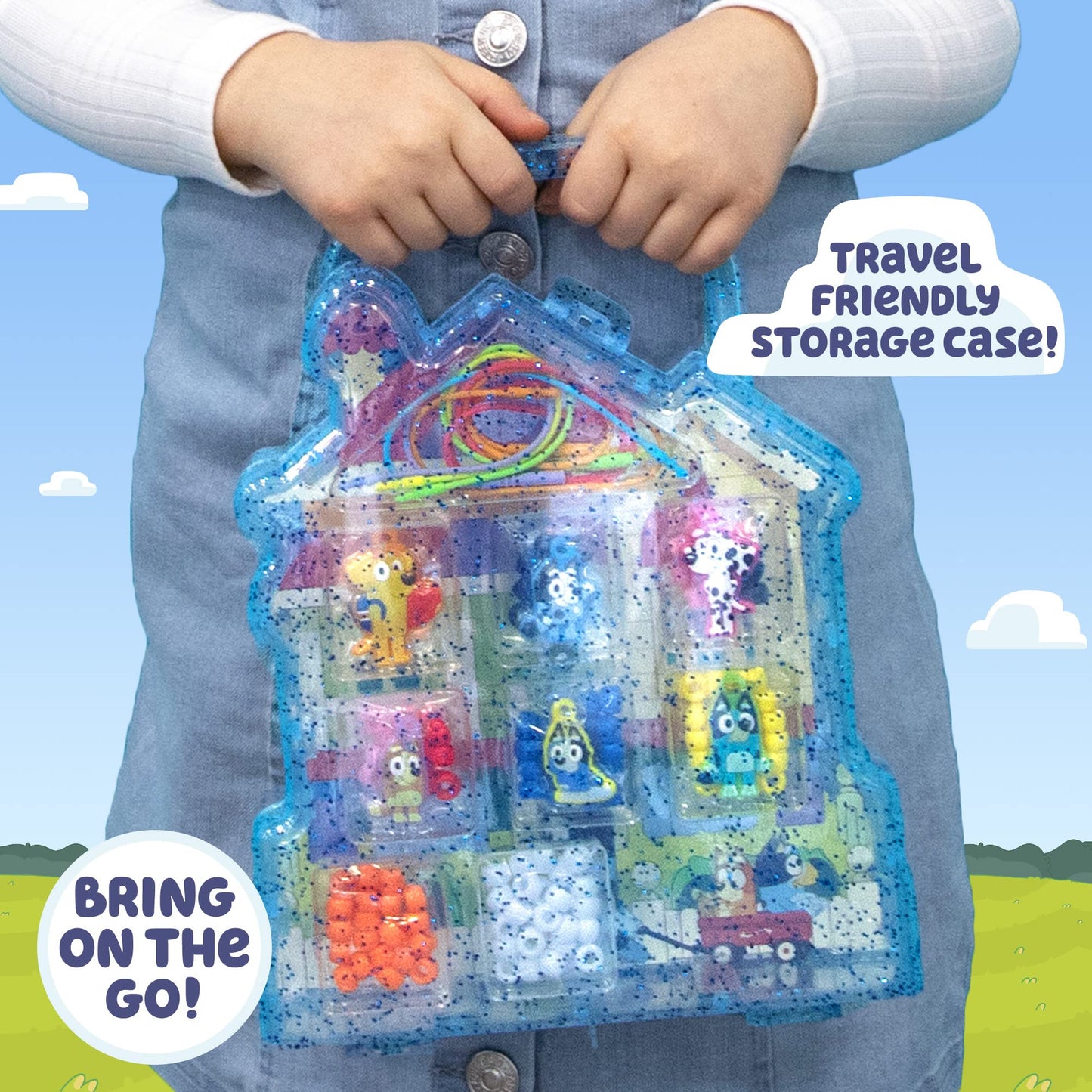 Bluey Friendship Jewelry, Create 4 Bluey Charm Bracelets & 2 Bluey Charm Necklaces, Includes 150 Beads & 6 Rubber Charms with Bluey Storage Case, Gifts for Kids Boys Girls