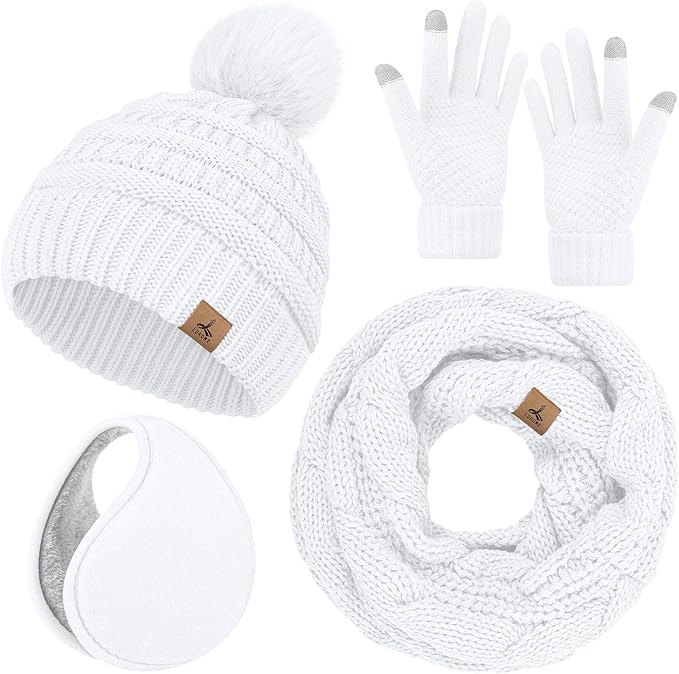 Winter Hat Scarf Gloves and Ear Warmer, Warm Knit Beanie Hat Touch Screen Gloves Set Winter Gifts Neck Scarves for Women