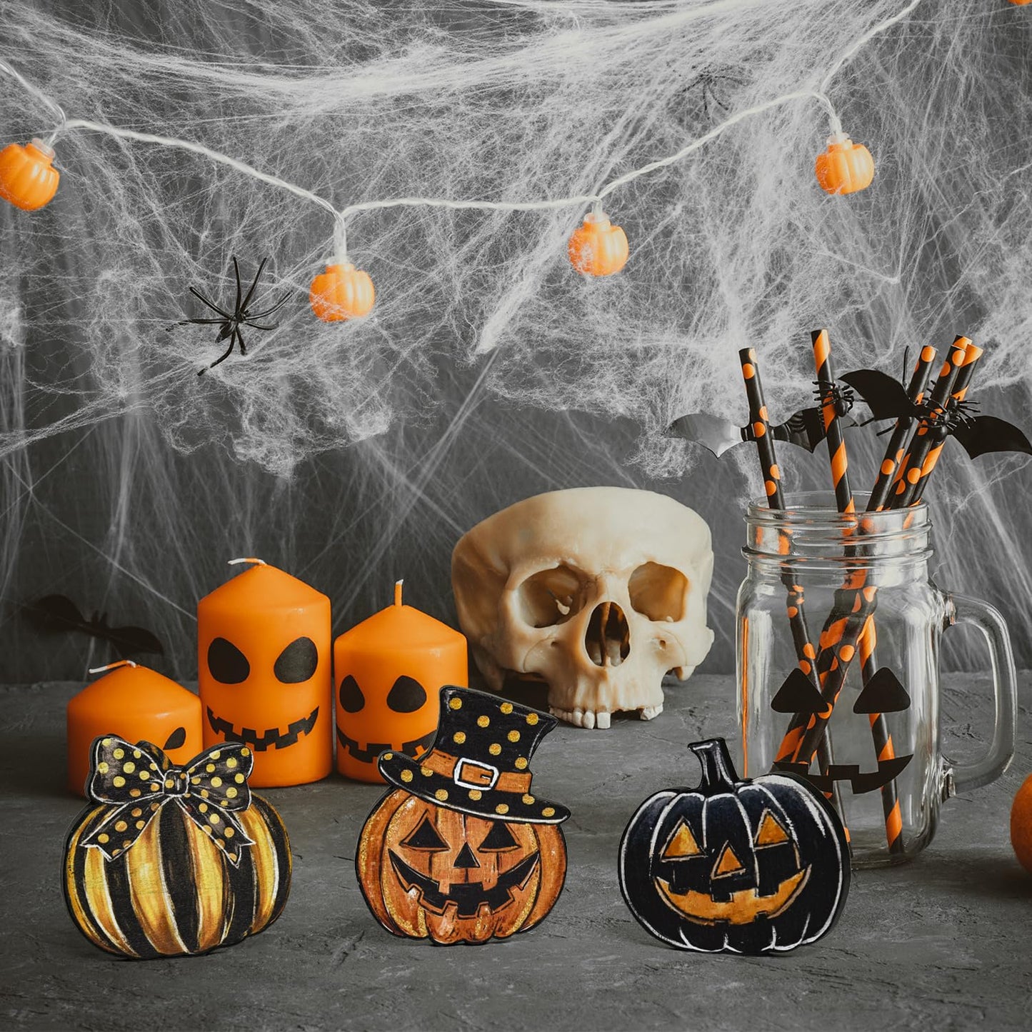 Smile 3 Pcs Wooden Blocks Signs, Happy Halloween Pumpkin Tiered Tray Decorations, Indoor Decor for Kitchen Bathroom and Home Table Shelf