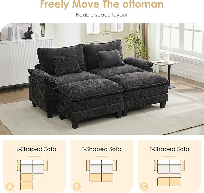 URRED Cloud Couch Modular Sectional Sofa, 87" Modern Loveseat Sofa with 2 Ottomans & Pillows, Ultra Comfy Chenille Couches for Living Room, Bedroom or Apartment, Black