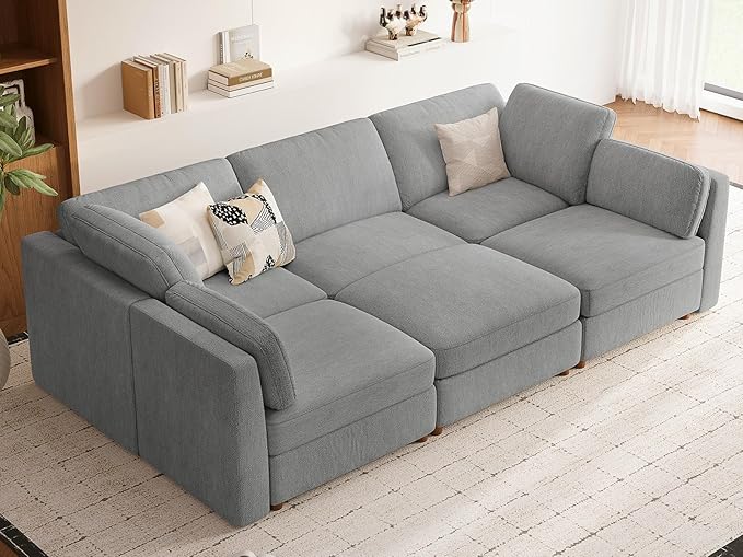 CUGOAO 118'' Modular Sectional Sofa Bed, Oversized Sectional Couch, Deep Seat Chenille Cloud Couch, Removable Cover, Mordern Upholstered Couches for Living Room, Apartment, Office, Grey
