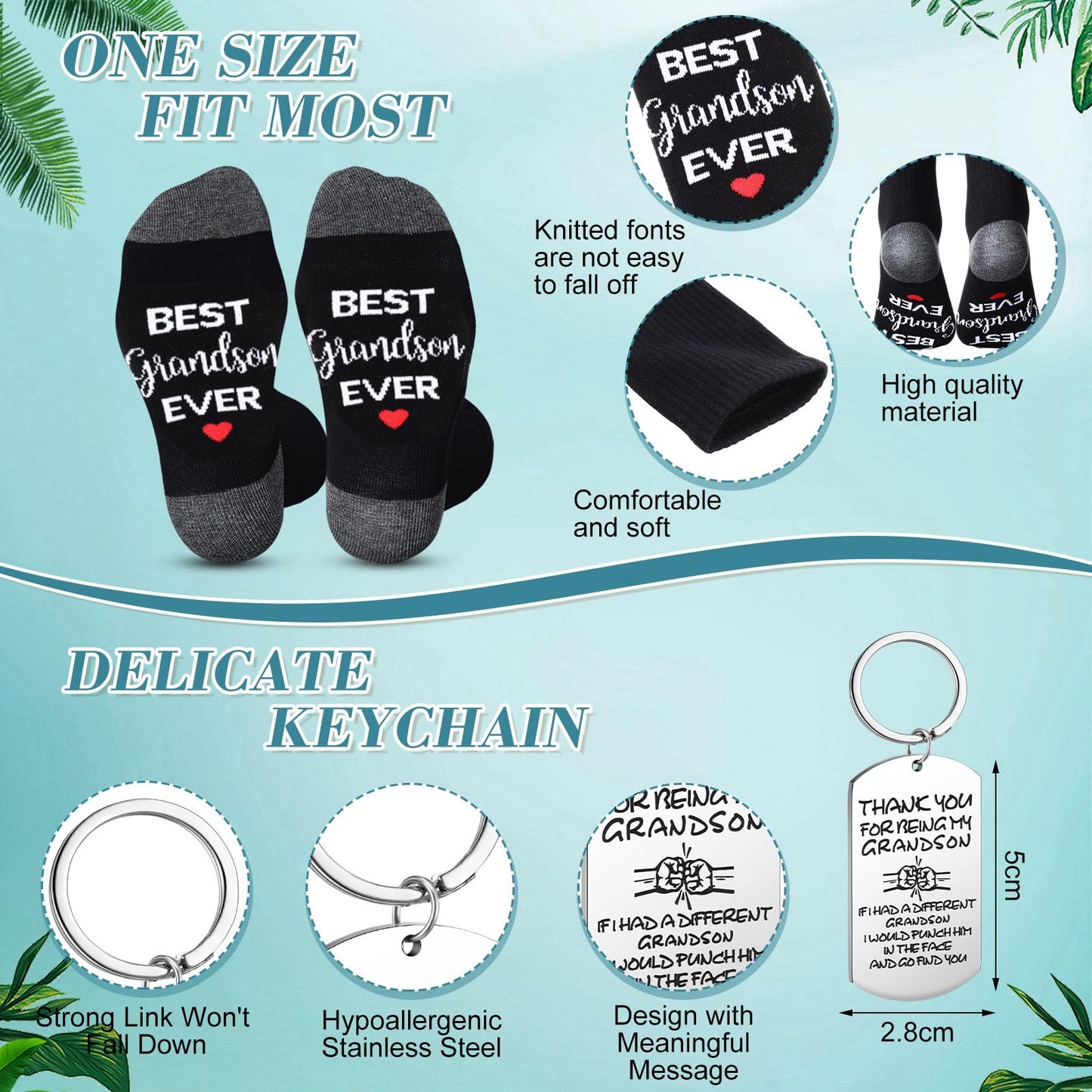 Teenyyou 5 Pcs Grandson Gifts from Grandma Grandpa Birthday Christmas Back to School Wedding Funny 16 oz Glass Cups Best Grandson Ever Socks Keychain Leather Refillable Journal Notebook Ballpoint Pen