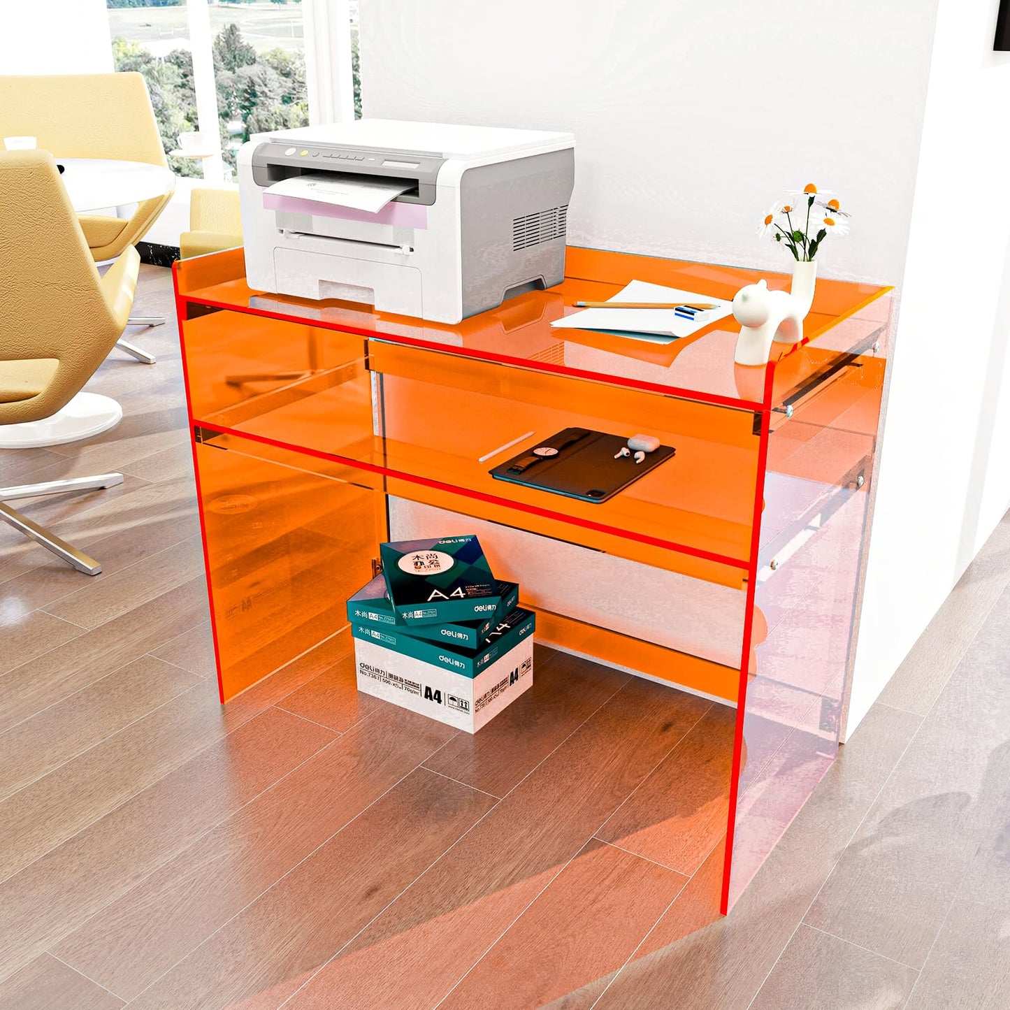 KSacry Acrylic Desk with Retaining Edge, Acrylic Console Table, Clear Art Desk for Office, Study, Bedroom, Entrance Decor (17.7" D x 39.4" W x 31.5" H, Orange)