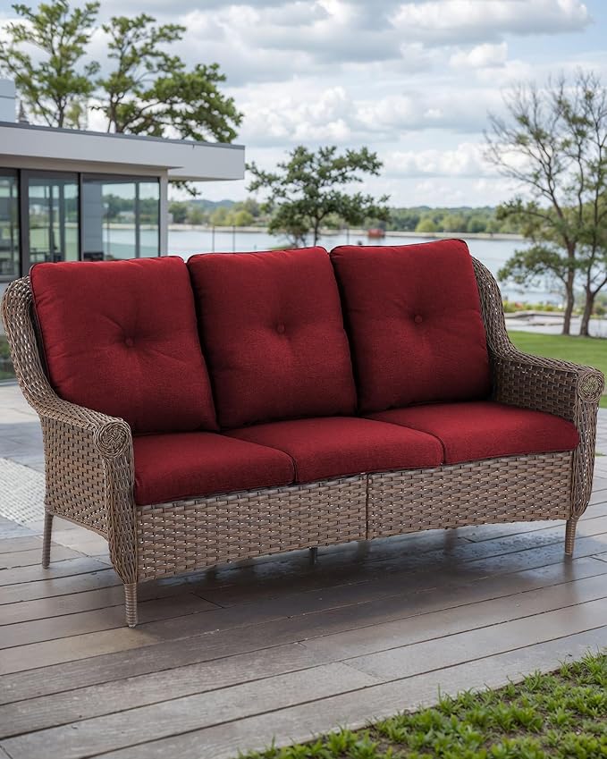 ACTREST Patio Couch Outdoor Wicker Sofa - Heavy Duty All-Weather Brown Rattan 3-Seater with High Back and Comfortable Thick Cushions for Garden Back Porch Poolside Apartment - Red