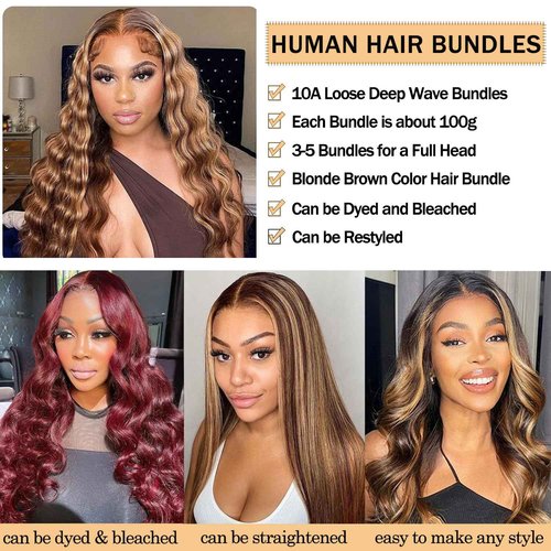 P4/27 Ombre Human Hair Bundles Loose Deep Wave Quick Weave Hair with Closure, 10A Brazilian Raw Deep Wave Human Hair Highlight Bundles with 4x4 Lace Closure(12 14 16+12inch, Honey Blonde Brown Color)