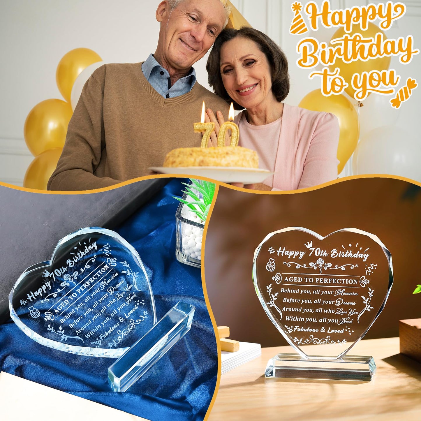 Arikyrist 70th Birthday Gifts for Women Men Laser Crystal Heart Happy 70th Birthday Decorations Ideas Gifts for 70 Year Old Women Men Mom Dad Husband Wife Friends