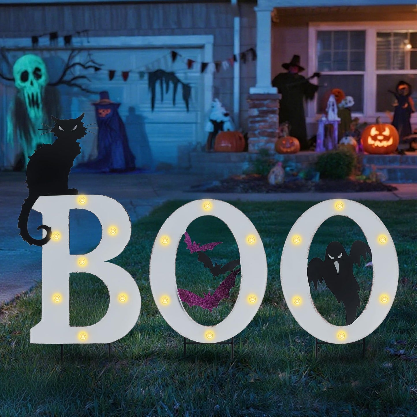 Prsildan 3 Pack Halloween Decorations Outdoor -Solar Powered Lighted Boo Yard Sign with Bats, Cat & Ghost, Waterproof Metal Lawn Stakes for Front Yard, Porch, Garden - Spooky Halloween Party Decor