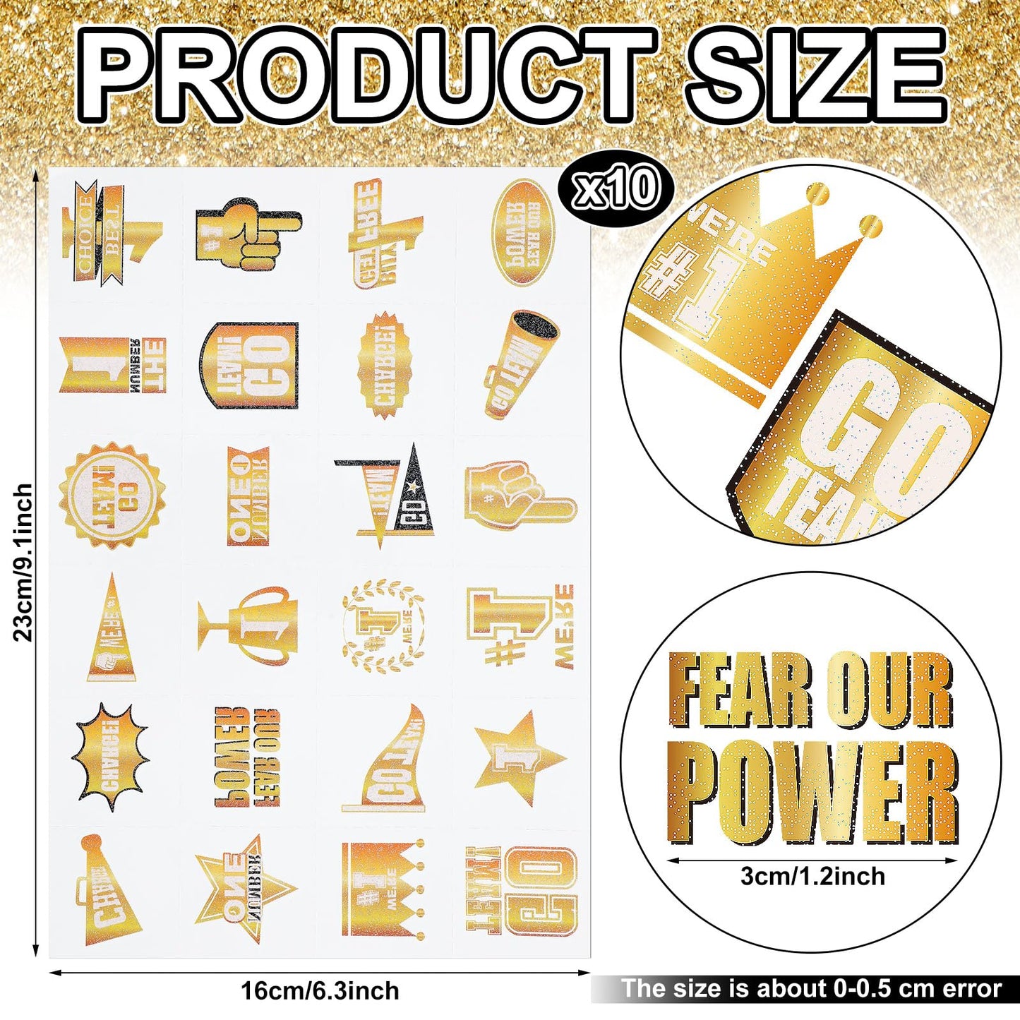 Landhoow 240 Pcs Gold Team Spirit Tattoos Temporary Glitter Go Team Tattoos Football Temporary Stickers Party Costume Accessory