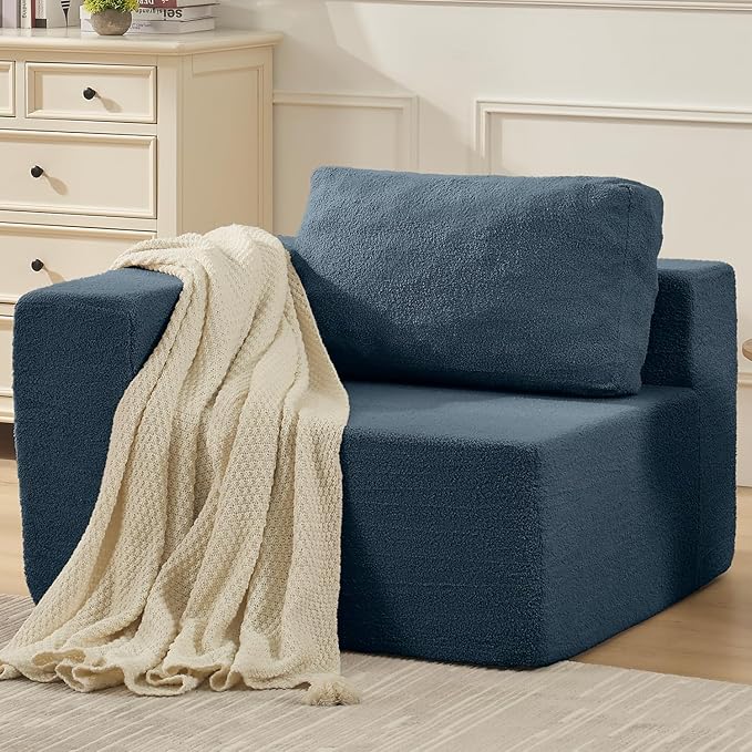 Furnify 40" Single Sofa for Adults, Upholstered Floor Sofa Couch with Pillow, Teddy Boucle Sofa for Bedroom Living Room, No Assembly Required (Teddy Boucle, Blue)