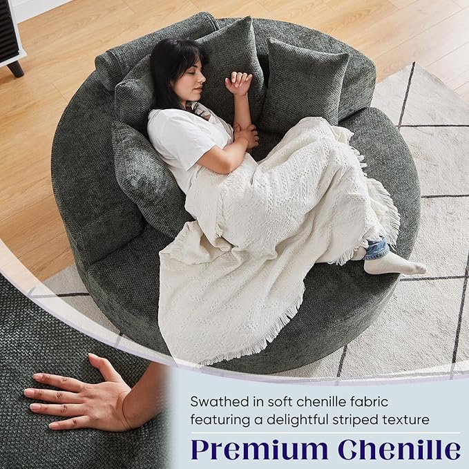 Oversized Round Swivel Chaise Longue Chair Indoor, Modern 55-inch 360 Degree Swivel Upholstered Waffle Chenille Deep Seat Circle Single Cloud Sofa Chair for Living Room Bedroom Apartment Office, Green