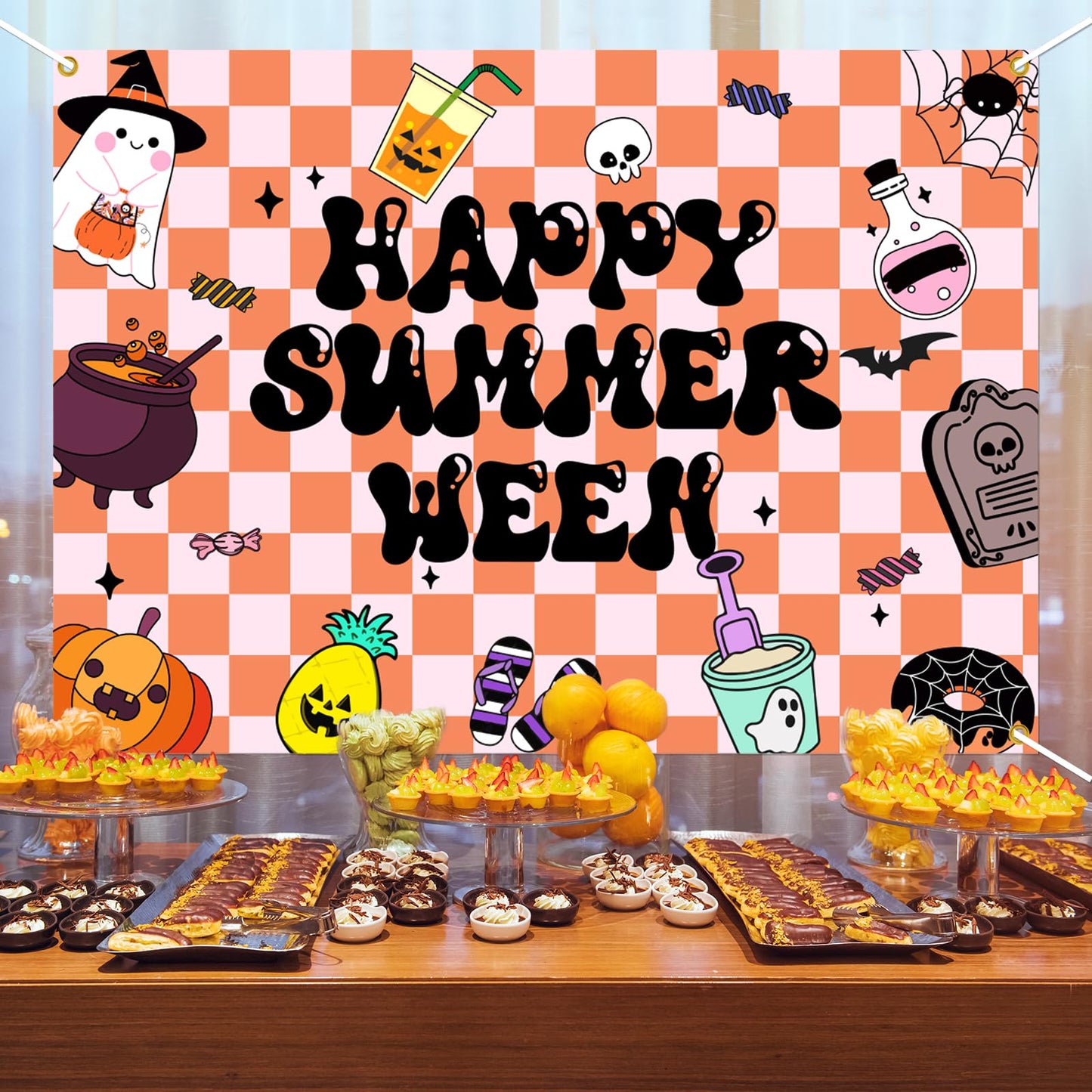 Summerween Backdrop Banner - Happy Summerween Decorations, Halloween in Summer, Summer Halloween Party Decorations Boy Girl Women Photoshoot Photo Background Props, 7 * 5ft