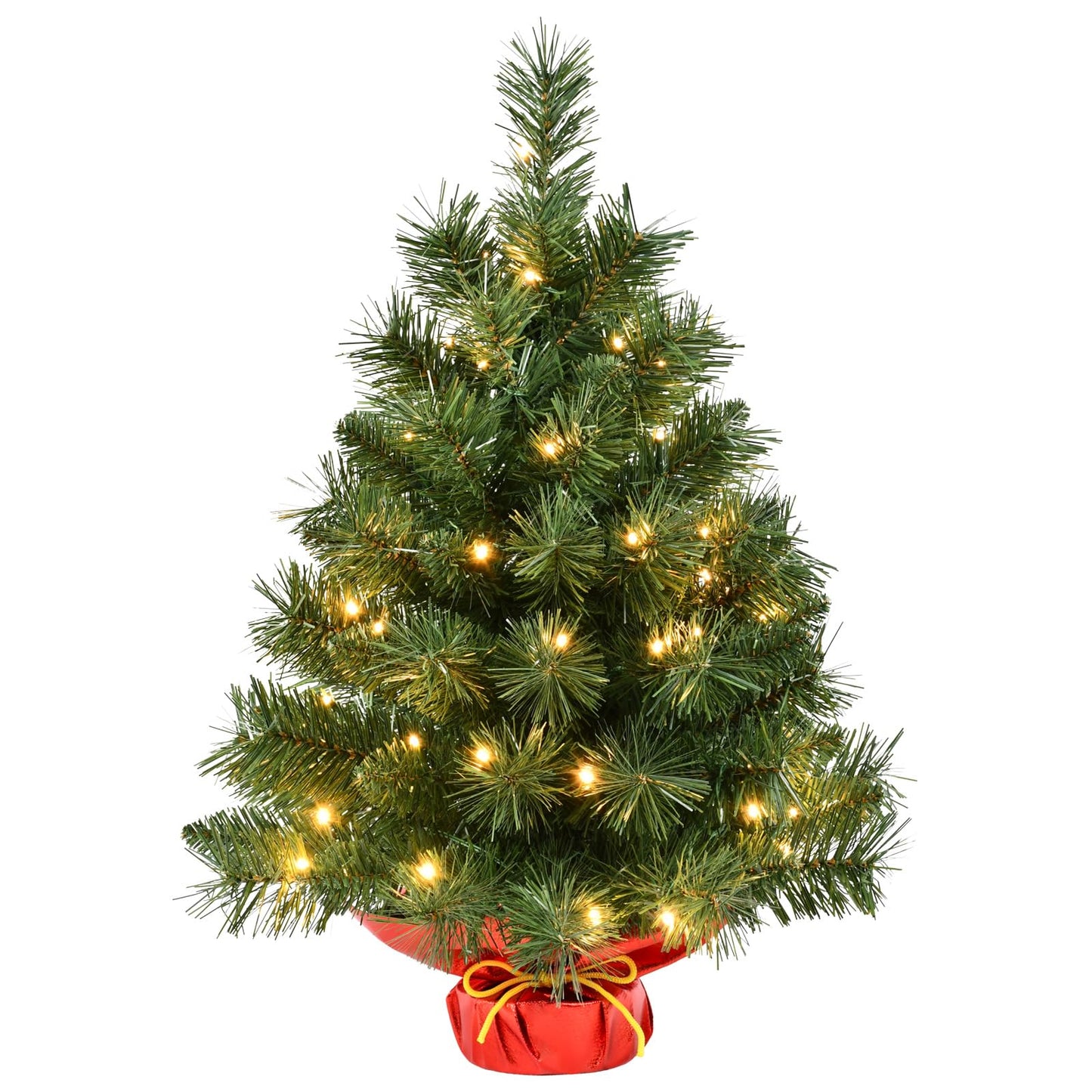 Pre-lit Mini Christmas Tree, Leeheeyee Artificial 2ft Tabletop Christmas Tree with 50 LED Lights, Battery Operated Small Xmas Tree with Burlap Base for Table Desk Home Christmas Decor