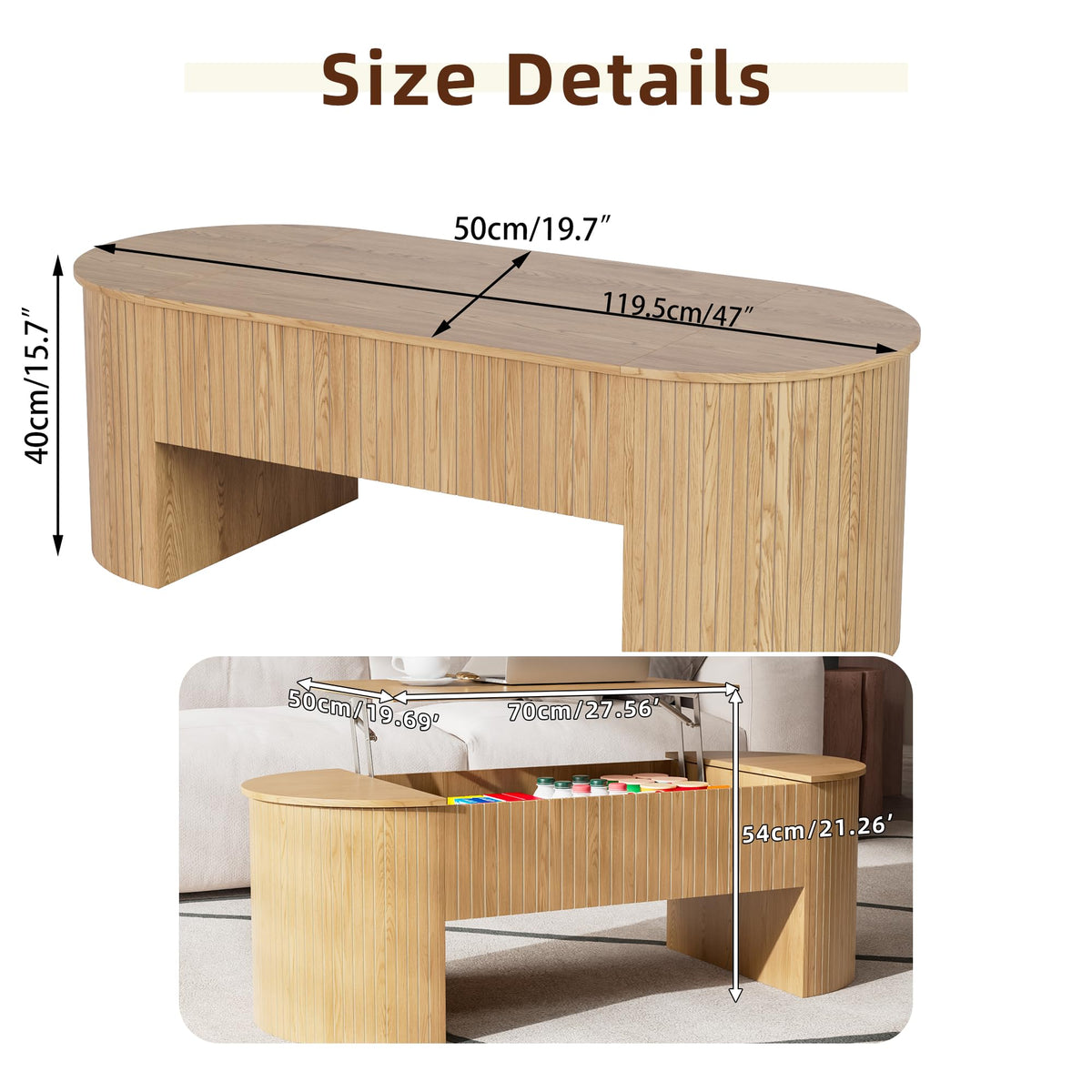 Lift Top Coffee Table with Hidden Storage Compartment, Oval Wooden Coffee Table with Lift Tabletop for Living Room, Modern Rustic Center Table for Home Office, 47 Inch (Wood)
