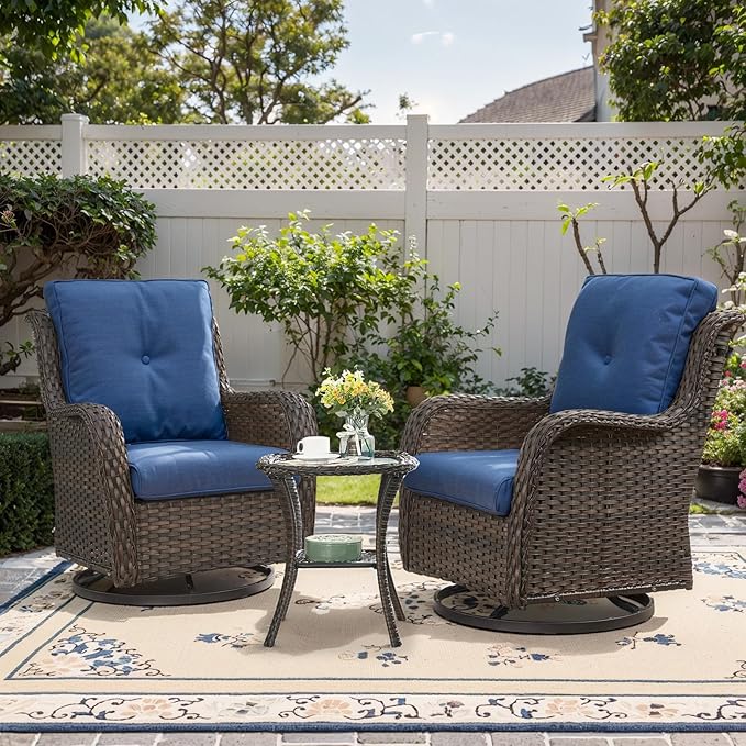 Belord Outdoor Swivel Rcoker Patio Chair - 3 Pieces Wicker Swivel Glider Chairs with Side Table, Patio Furniture Set for Porch Deck Balcony Garden