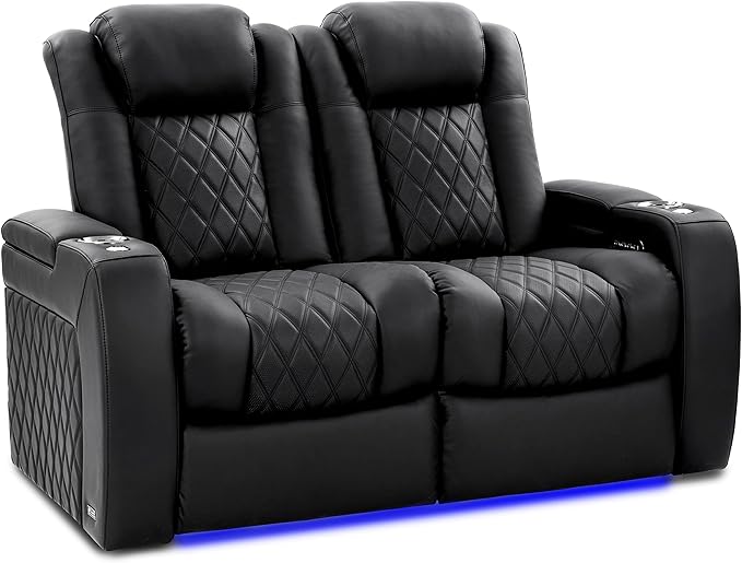 Valencia Tuscany Home Theater Seating Semi-Aniline Italian Nappa 20000 Leather Ultimate Luxury Heat & Ventilation Power Recliner Power Lumbar and Headrest (Row of 2 Loveseat, Onyx)