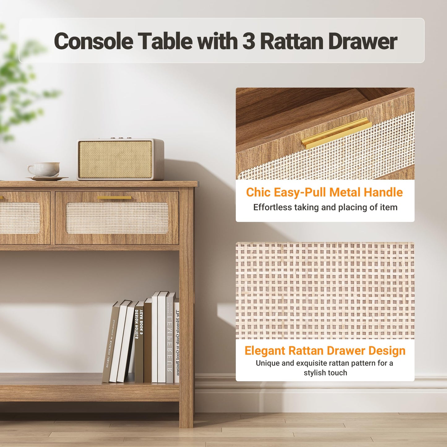 ELYKEN 51.2" Entryway Table with 3 Rattan Drawers, Boho Console Table Narrow with Storage, Long Sofa Table for Behind Couch Entry Hallway, Entrance, Living Room, Oak Brown