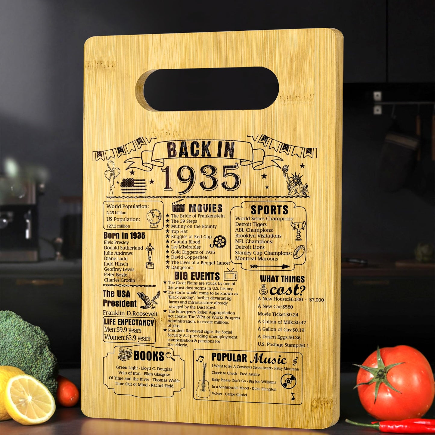 90th Birthday Gifts For Women or Men, Back In 1935 Cutting Board 90th Birthday Decorations, 90 Year Old Anniversary Birthday Gifts