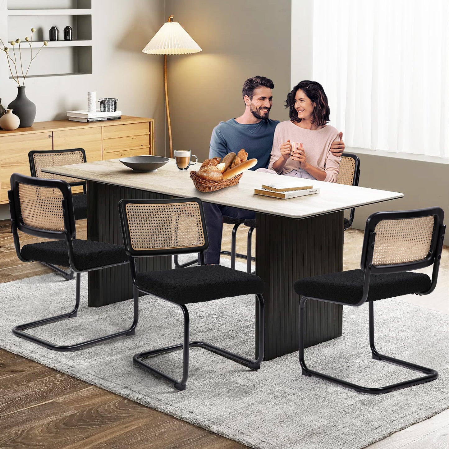KROFEM Modern Cesca Cane Dining Chairs, Set of 4, Handwoven Rattan Cane Back, Chrome Base, Upholstered Boucle Seat, Ideal for Kitchen or Dining Room, Black