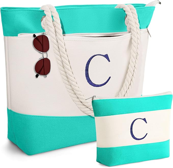 YOOLIFE Beach Bags for Women - Initial Canvas Tote Waterproof Bag with Makeup Bag Gifts for Women Mom Friend Birthday Her
