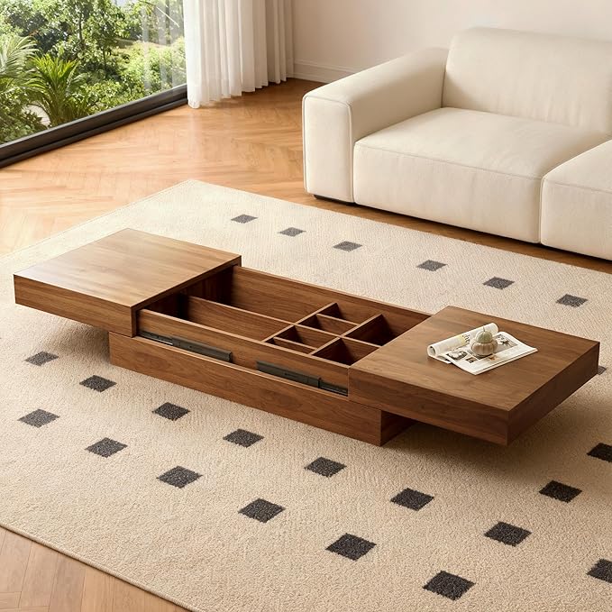 Pajiasen Mid-Century Modern Farmhouse 47.2-81.8" Expandable Coffee Table，Adjustable Center Table with Large Storage for Living Room, Walnut