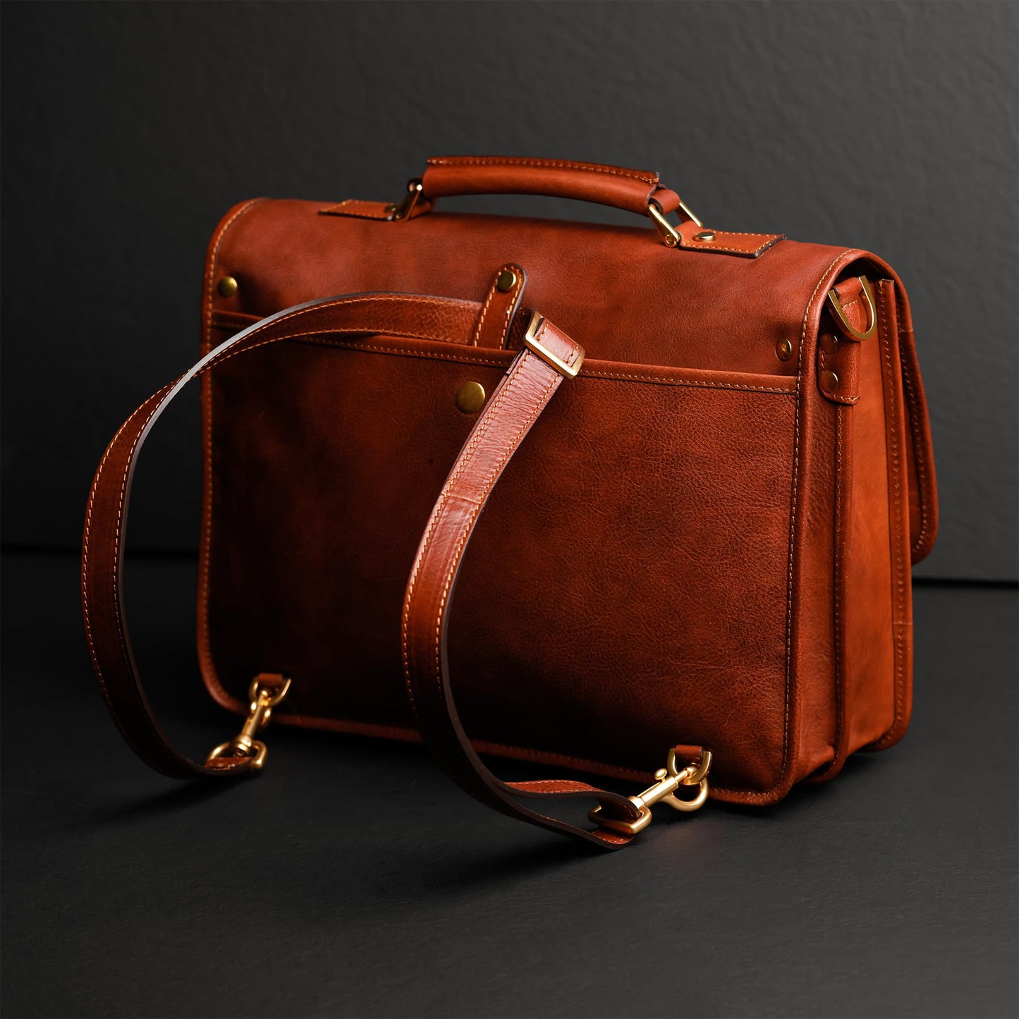 Time Resistance Leather Briefcase – Italian Handmade Leather Laptop Bag – Briefcase Convertible into Backpack (Cognac Brown)