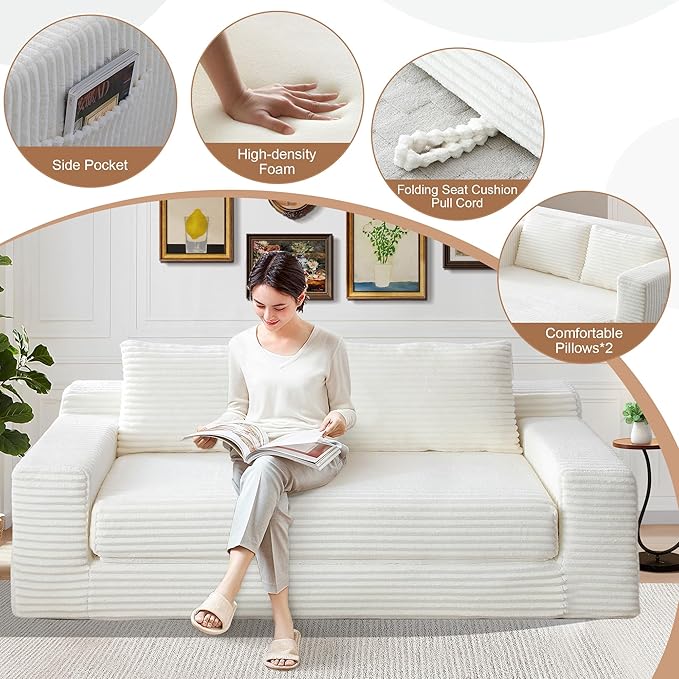 73" Convertible Sofa Bed, 2 in 1 Folding Couch Bed, Boneless Couch in a Box, Cloud Loveseat Sleeper, Fold Out Comfy Floor Futon Sofa with 2 Pillows for Living Room Bedroom, No Assembly (Beige, 73")