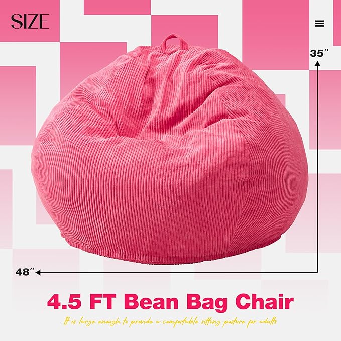 Hobestluk 4.5FT Bean Bag Chair Giant Bean Bag Chair with Filler Included Adult Bean Bag Chairs with Removable Cover for Bedroom Living Room - (Jumbo, Pink)